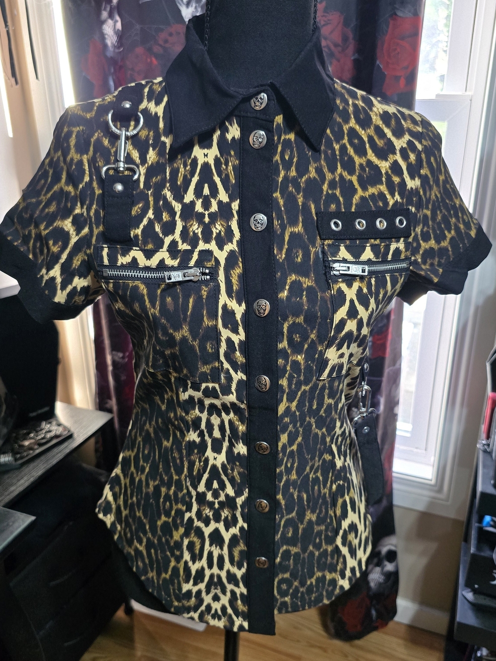 Killstar "Cat's Meow" Leopard Print Cap Sleeve Button-Up Top